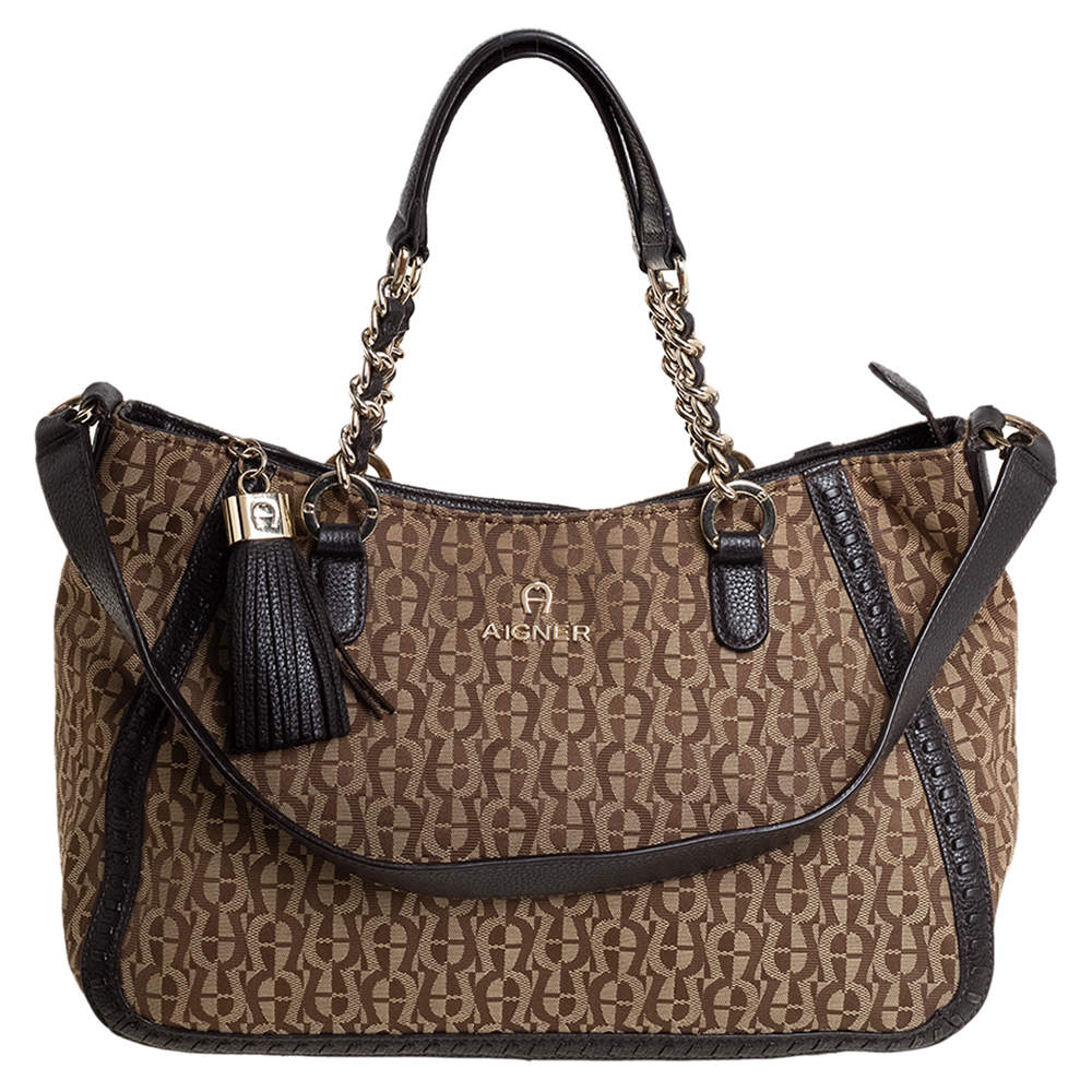 Pre Owned حقيبة كتف أيغنر كانفاس وجلد بني/بيج بالشعار