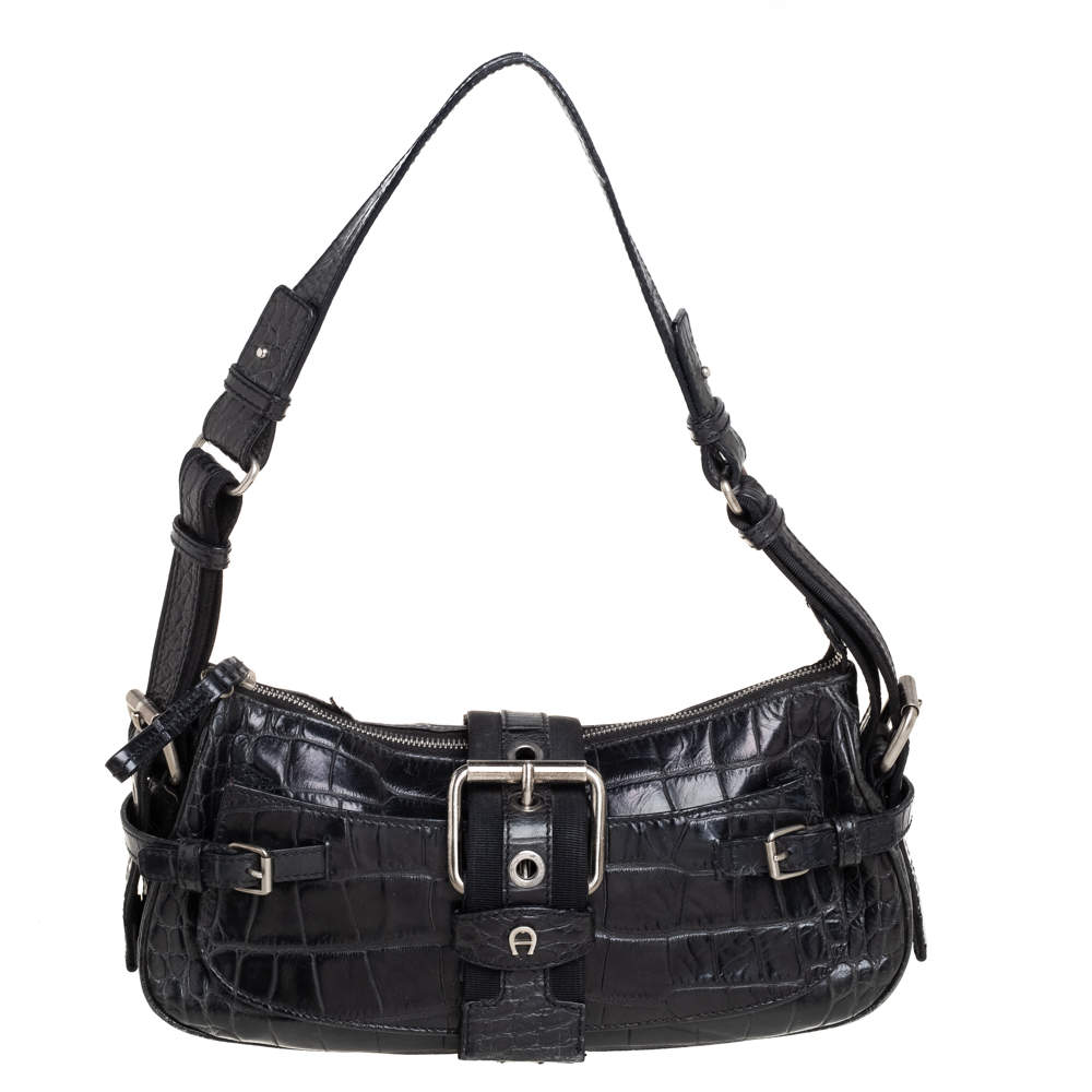 Pre Owned Aigner Black Crocodile Embossed Leather Buckle Hobo