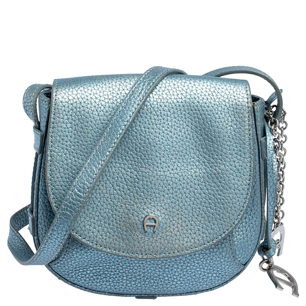 Pre Owned Aigner Metallic Blue Leather Flap Crossbody Bag