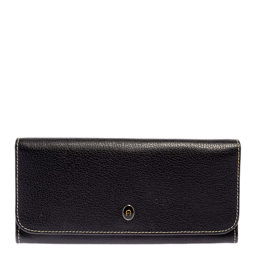 مملوكة مسبقًا Aigner Black Leather Flap Continental Wallet