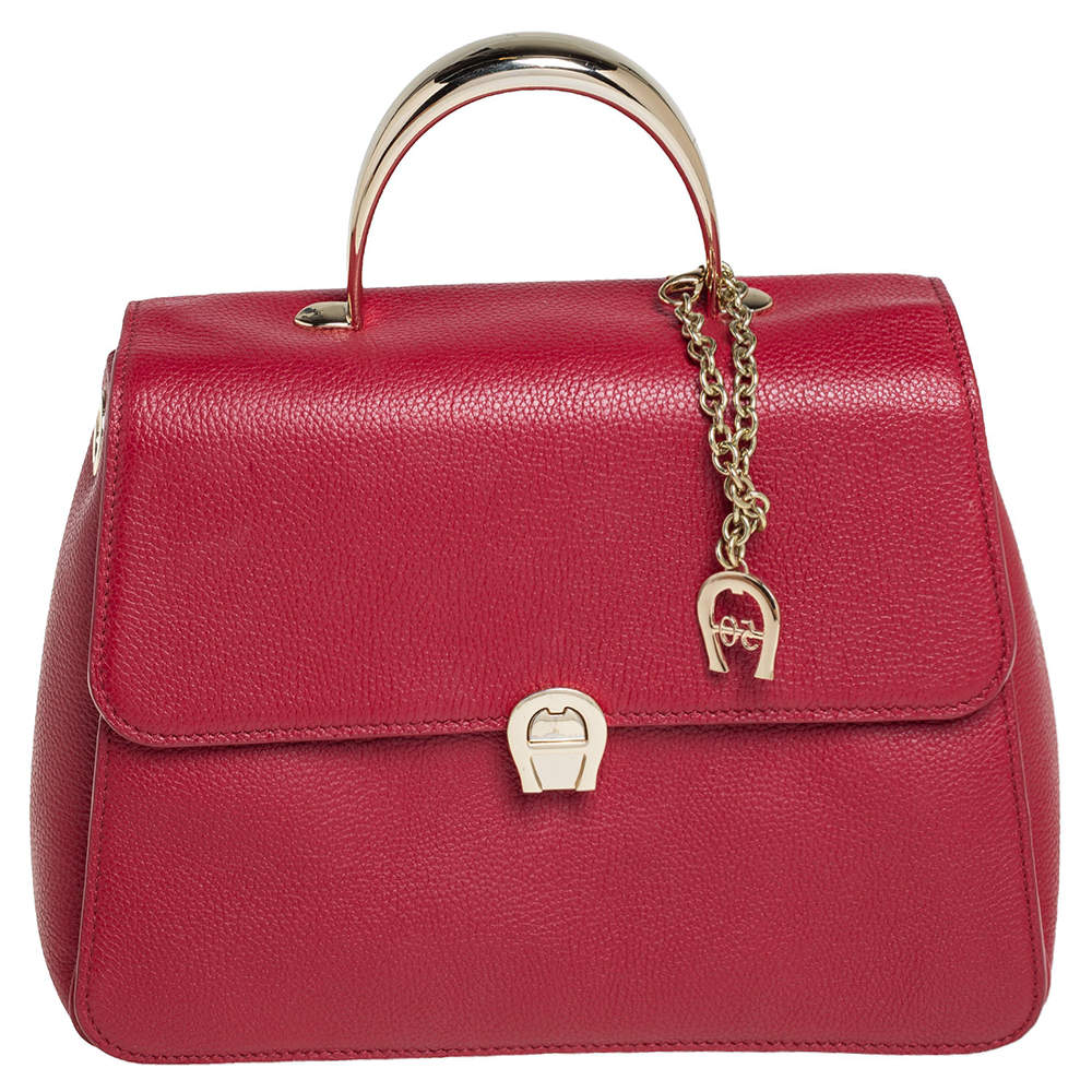 Pre Owned Aigner Red Leather Genevova M Top Handle Bag