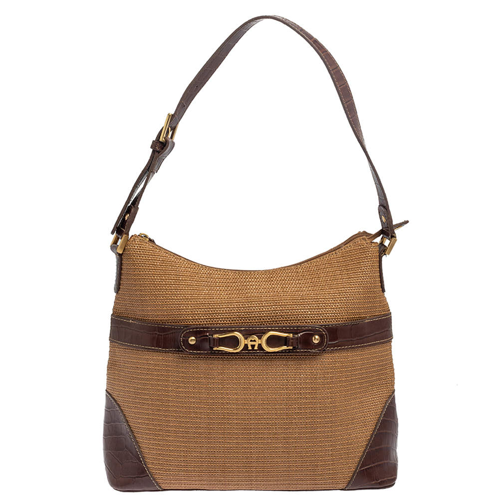 Pre Owned Aigner Brown/Beige Croc Embossed Leather and Raffia Logo Buckle Hobo