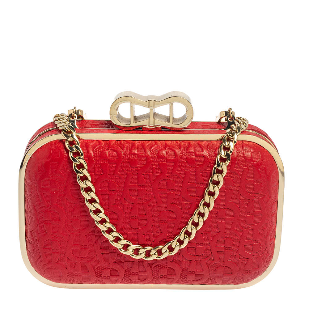 Pre Owned Aigner Red Logo Embossed Leather Chain Clutch