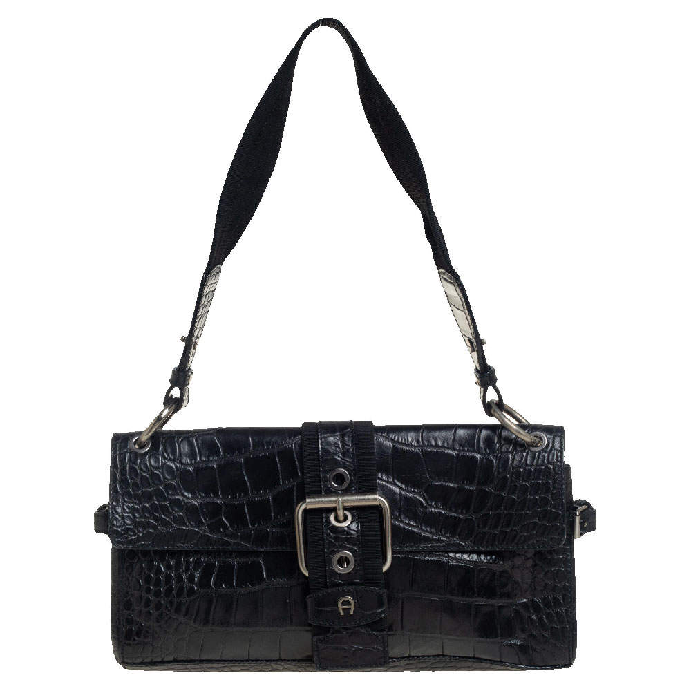 Aigner Black Crocodile Embossed Leather Shoulder Bag Aigner 