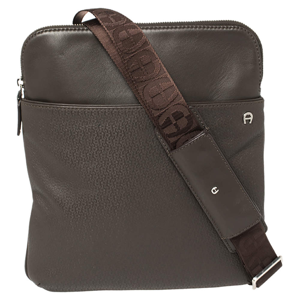 Pre Owned Aigner Dark Brown Monogram Embossed Leather Pocket Messenger Bag