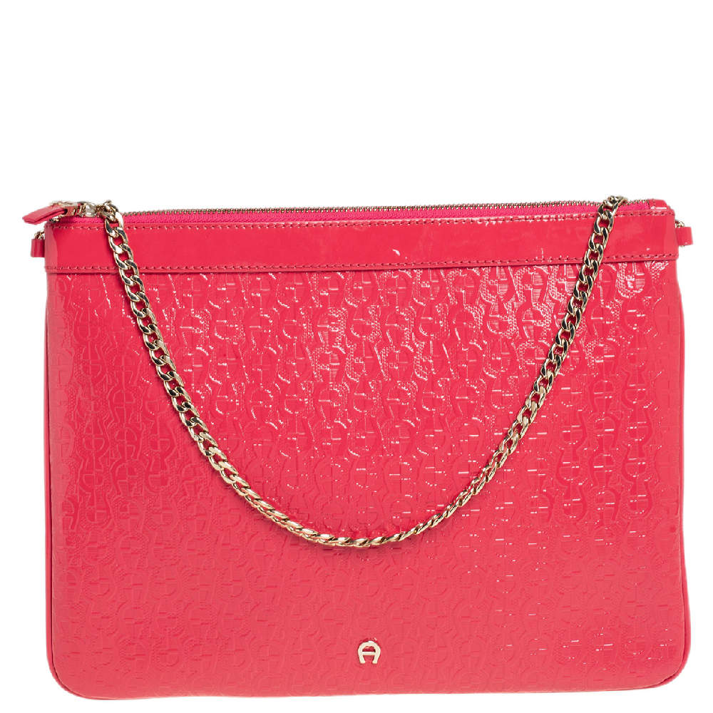Pre Owned Aigner Pink Monogram Patent Leather Chain Clutch