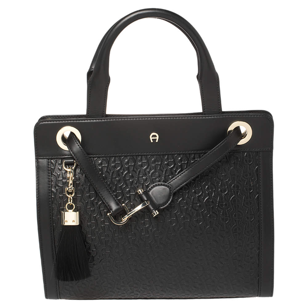 Aigner Black Signature Embossed Leather Cavallina Tote Aigner TLC