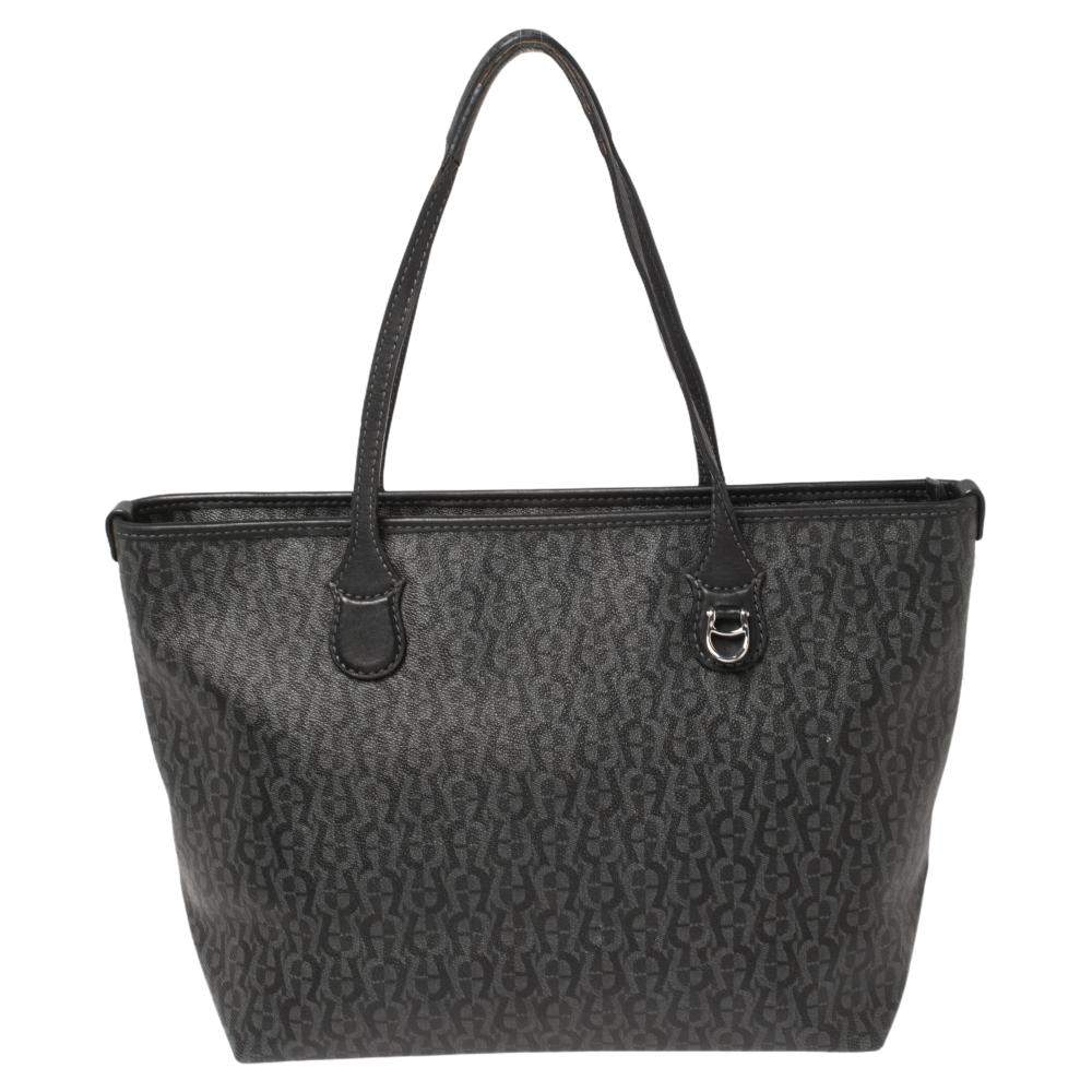 Pre Owned Aigner Black Signature Coated Canvas and Leather Tote