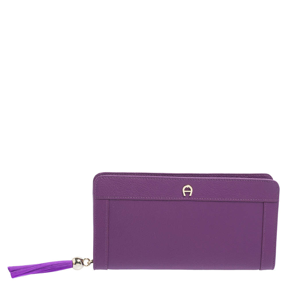 Pre Owned Aigner Purple Leather Zip Around Wallet