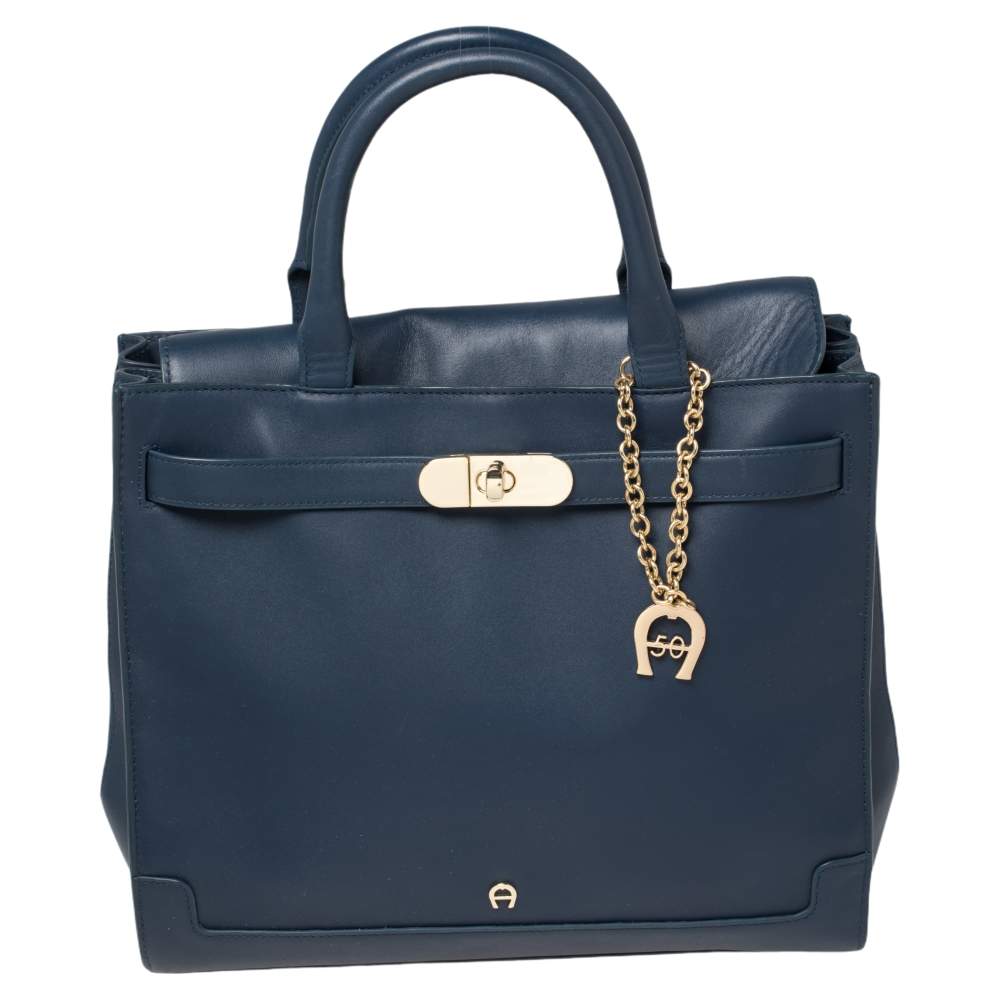 Pre Owned Aigner Blue Leather Turnlock Charm Tote