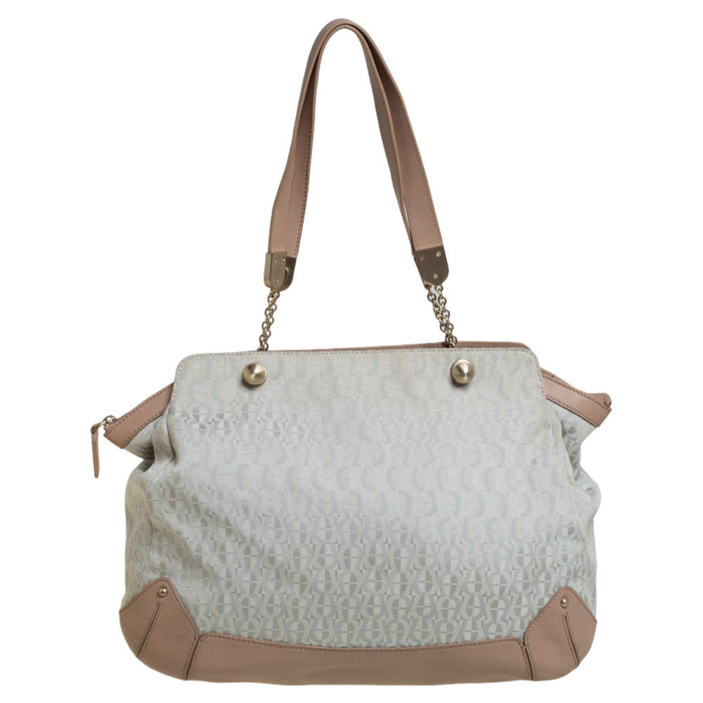 Pre Owned Aigner Grey/Beige Canvas And Leather Satchel