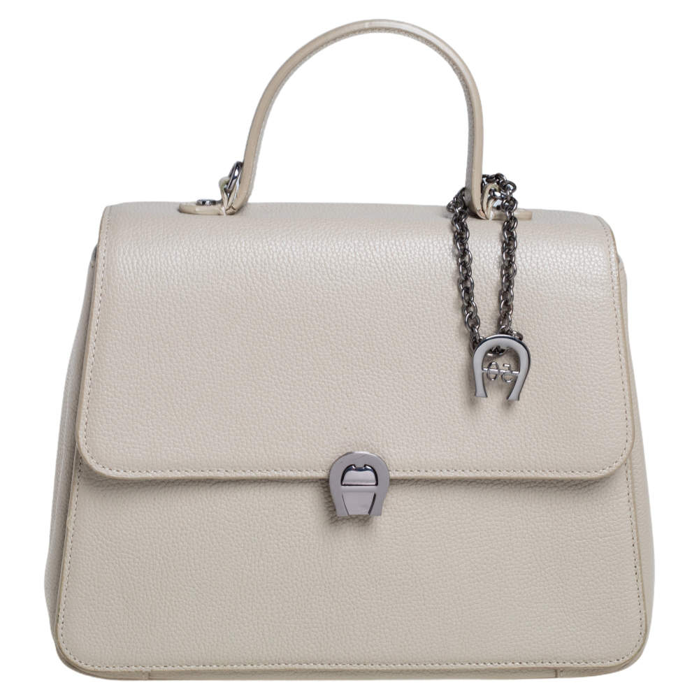 Pre Owned Aigner Beige Leather Genoveva Top Handle Bag