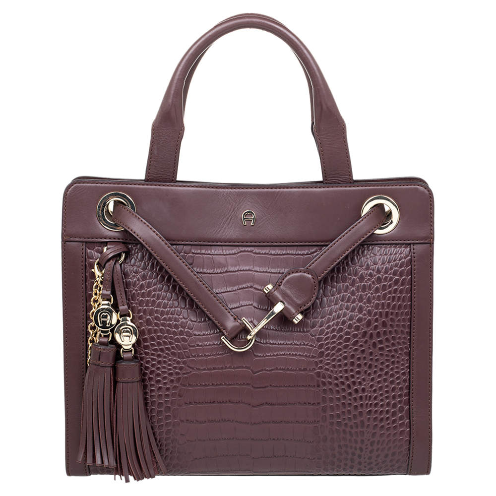 Pre Owned Aigner Burgundy Crocodile Embossed Leather Cavallina Tote