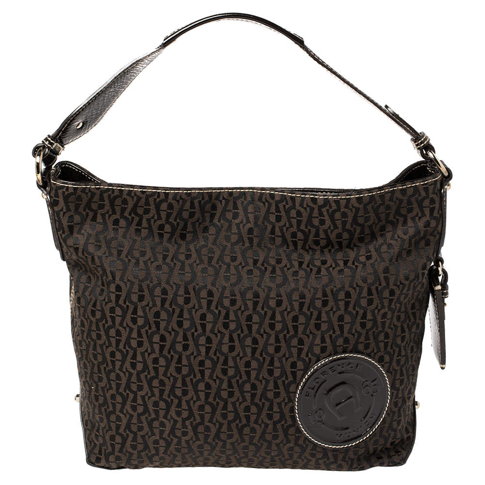 Pre Owned Aigner Brown Signature Canvas and Patent Leather 1965 Logo Hobo