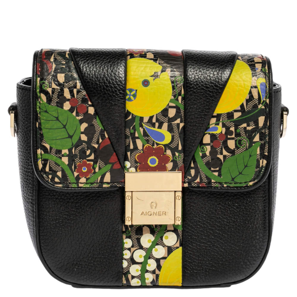 Pre Owned Aigner Black Leather and PVC Crossbody Bag