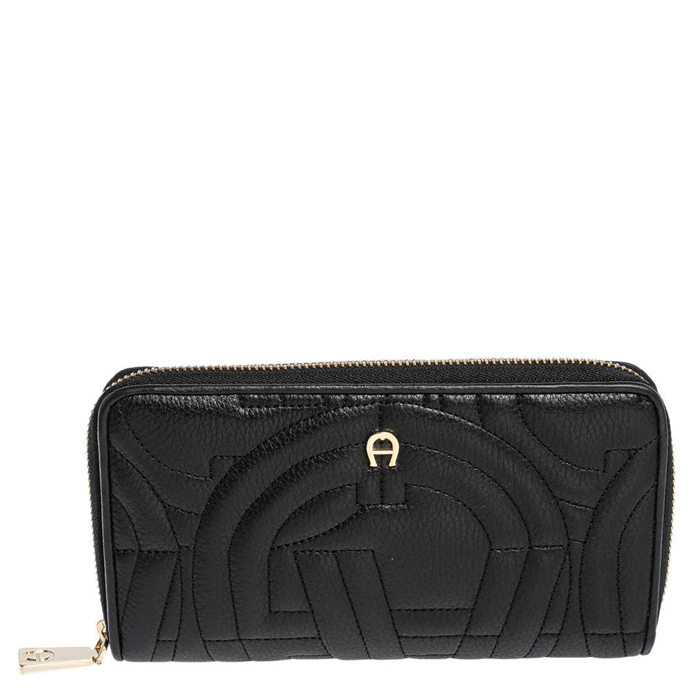 Pre Owned Aigner Black Quilted Leather Zip Around Wallet