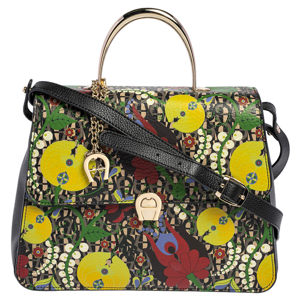 Pre Owned Aigner Multicolor Printed Coated Canvas and Leather Genoveva Top Handle Bag