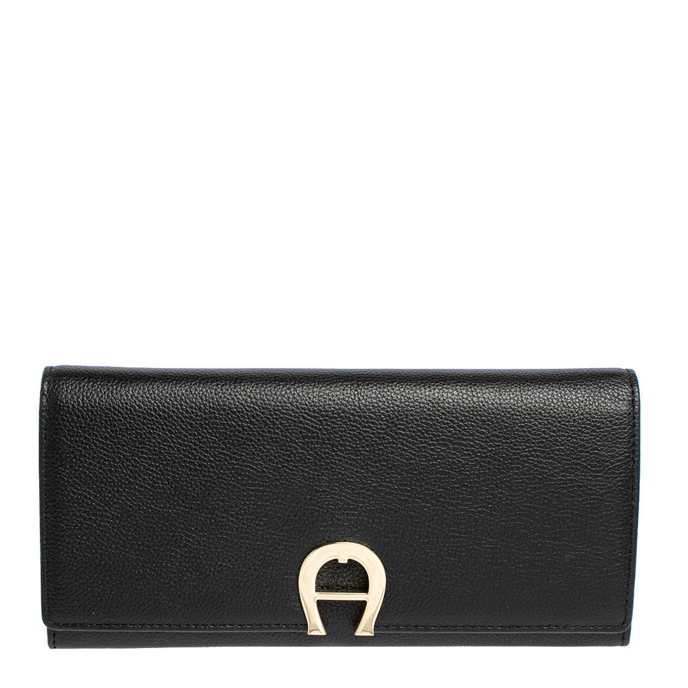مملوكة مسبقًا Aigner Black Leather Logo Flap Continental Wallet