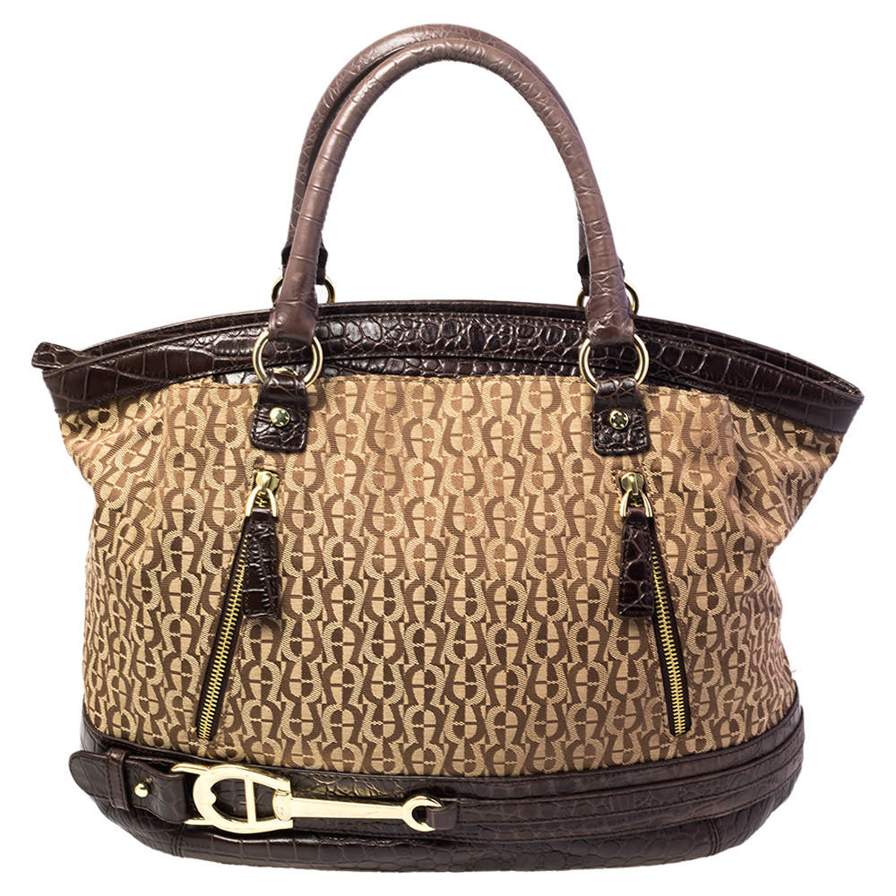 Pre Owned Aigner Brown/Beige Signature Canvas and Croc Embossed Leather Zip Satchel