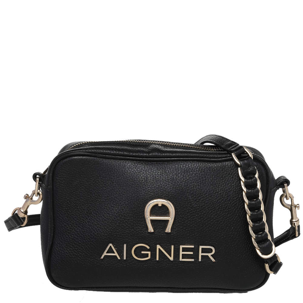 Pre Owned Aigner Black Leather Bombe A Camera Crossbody Bag