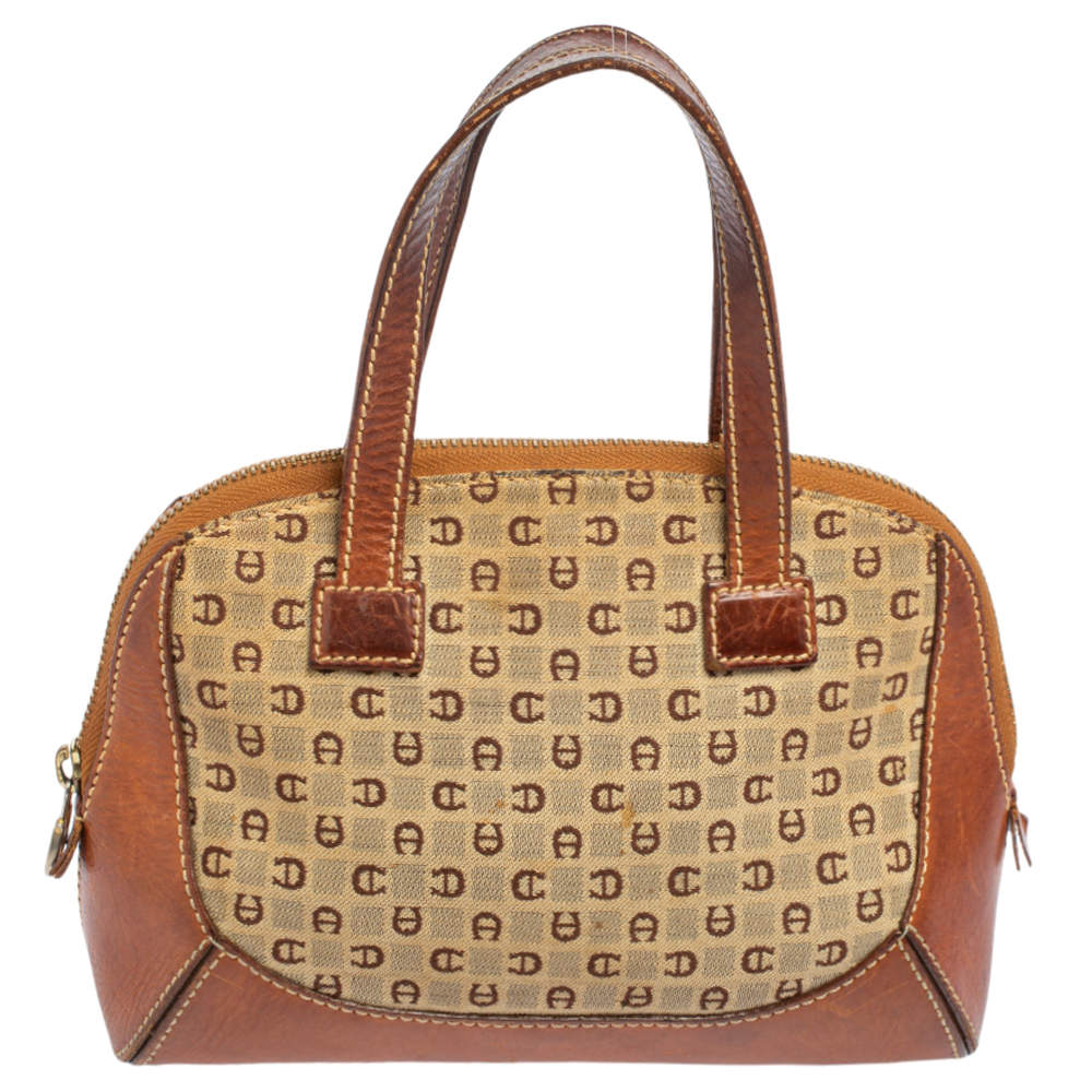 Pre Owned Aigner Brown/Beige Signature Canvas and Leather Mini Satchel