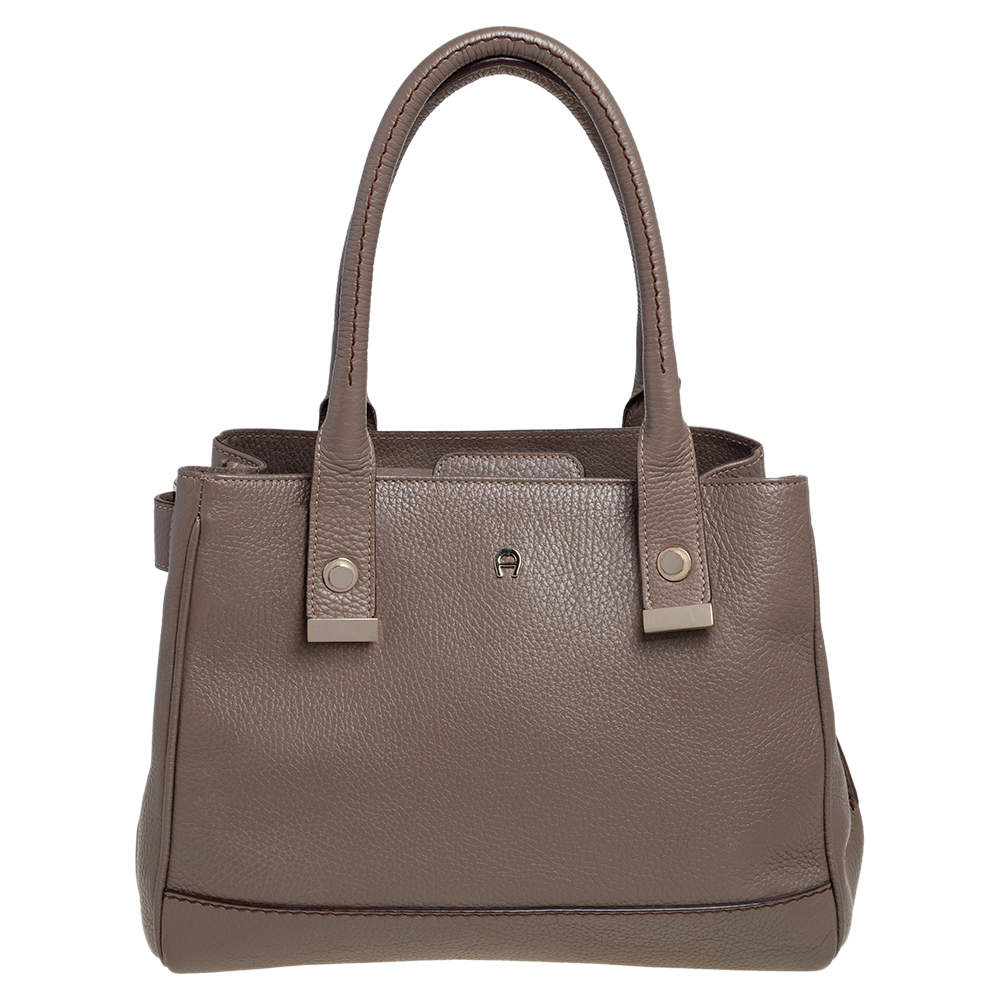 Pre Owned Aigner Dark Beige Leather Middle Zip Tote
