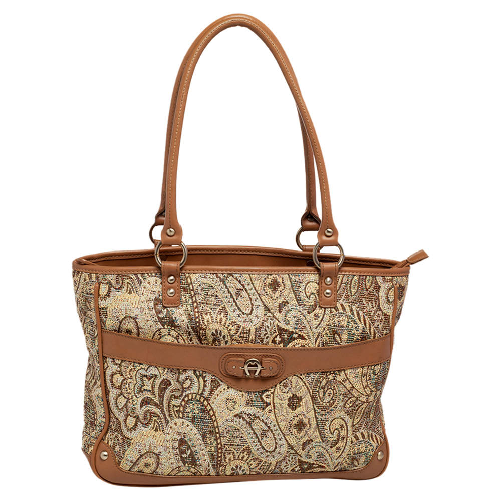 Pre Owned Aigner Beige Printed Canvas And Leather Zip Tote
