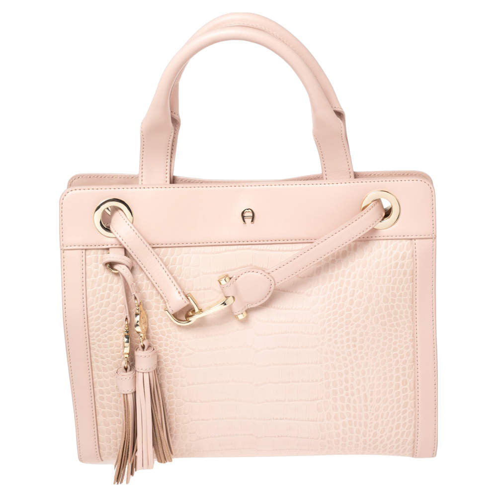 Pre Owned Aigner Pale Pink Crocodile Embossed Leather Cavallina Tote