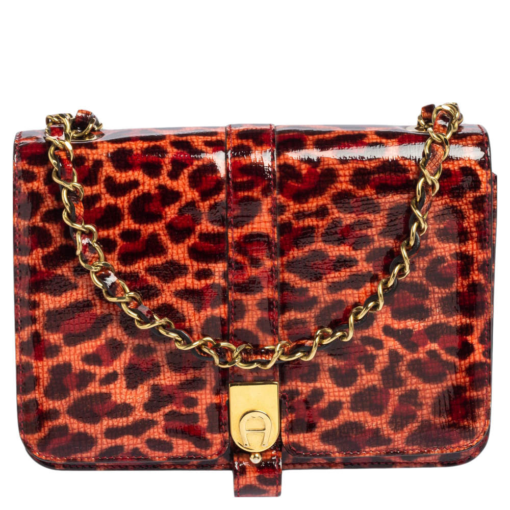 Aigner Red/Peach Leopard Print Patent Leather Flap Chain Shoulder Bag
