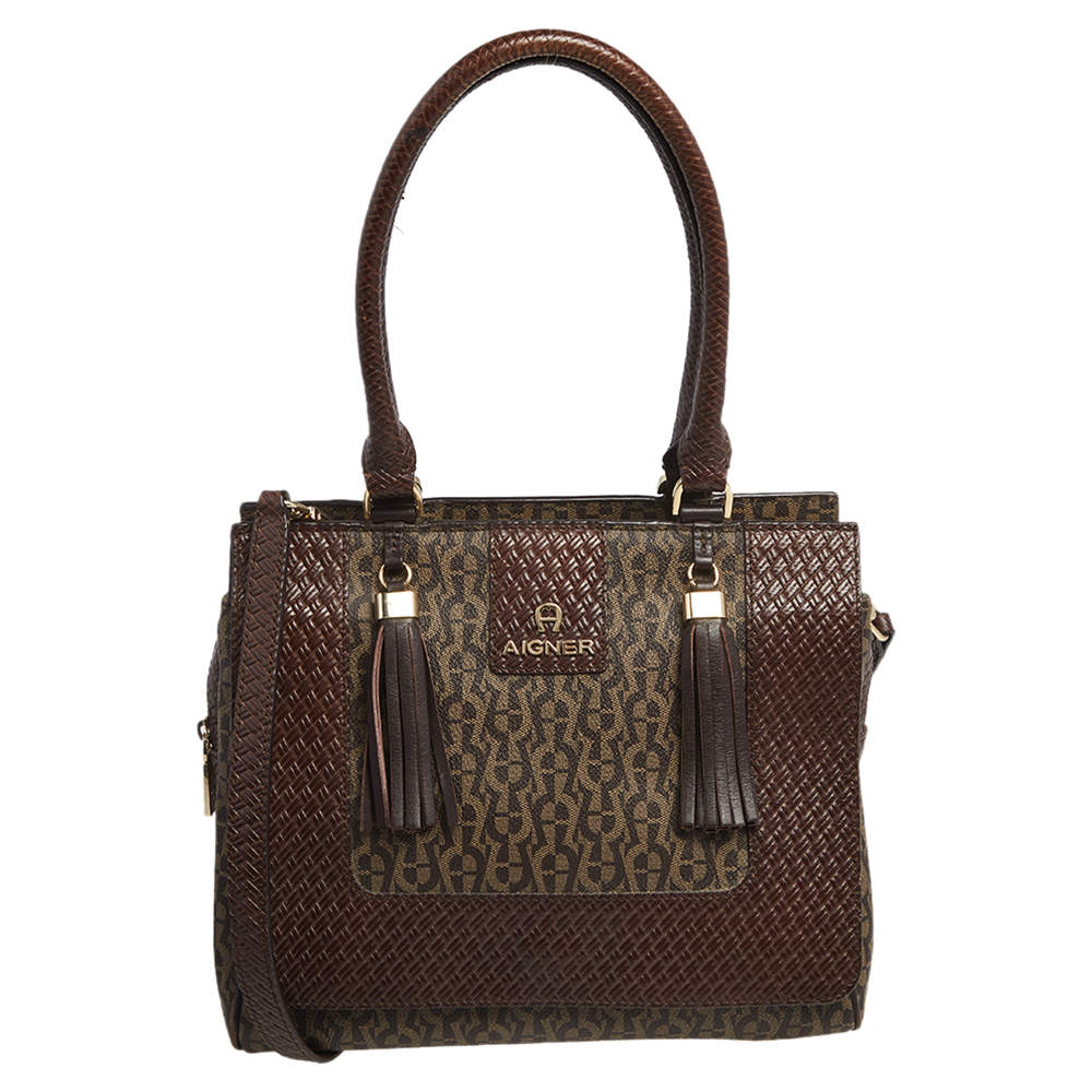 Pre Owned  Aigner Brown Signature  Coated Canvas and Leather Tassel Satchel