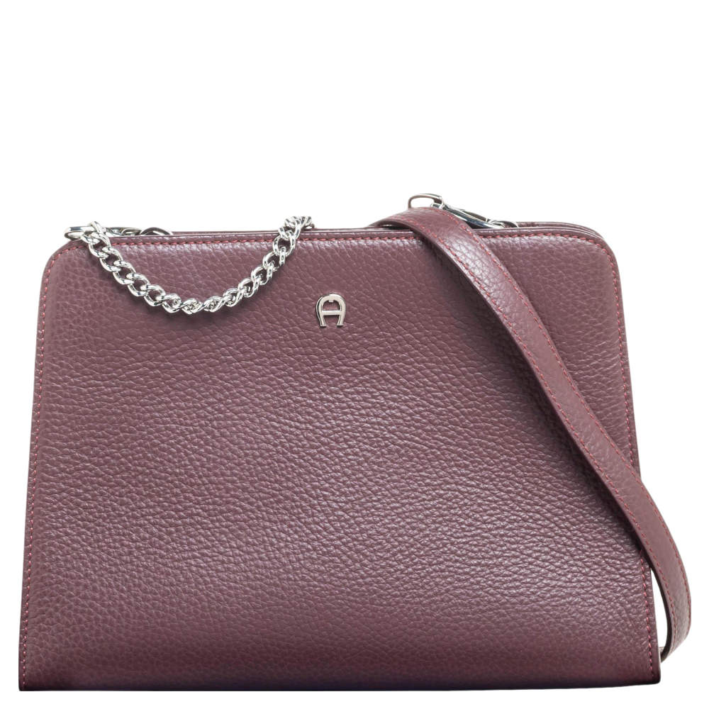 Pre Owned Aigner Burgundy Grained Leather Chain Shoulder Bag