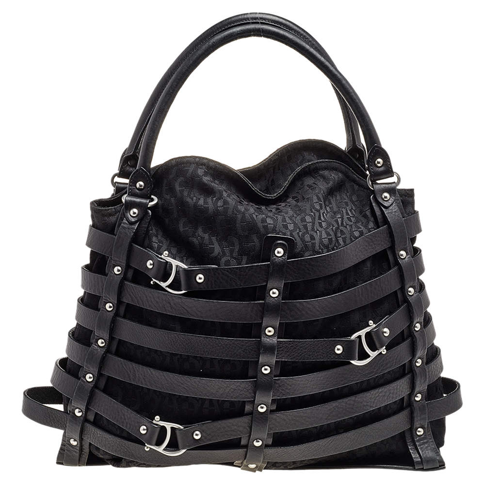Pre Owned Aigner Black Fabric and Leather Cage Tote