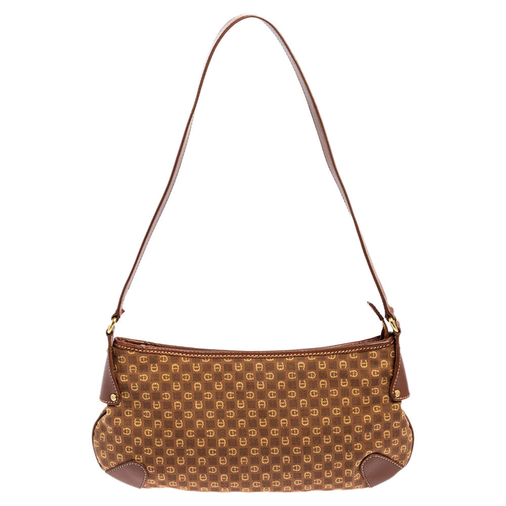 Pre Owned Aigner Brown Signature Canvas and Leather Baguette Shoulder Bag