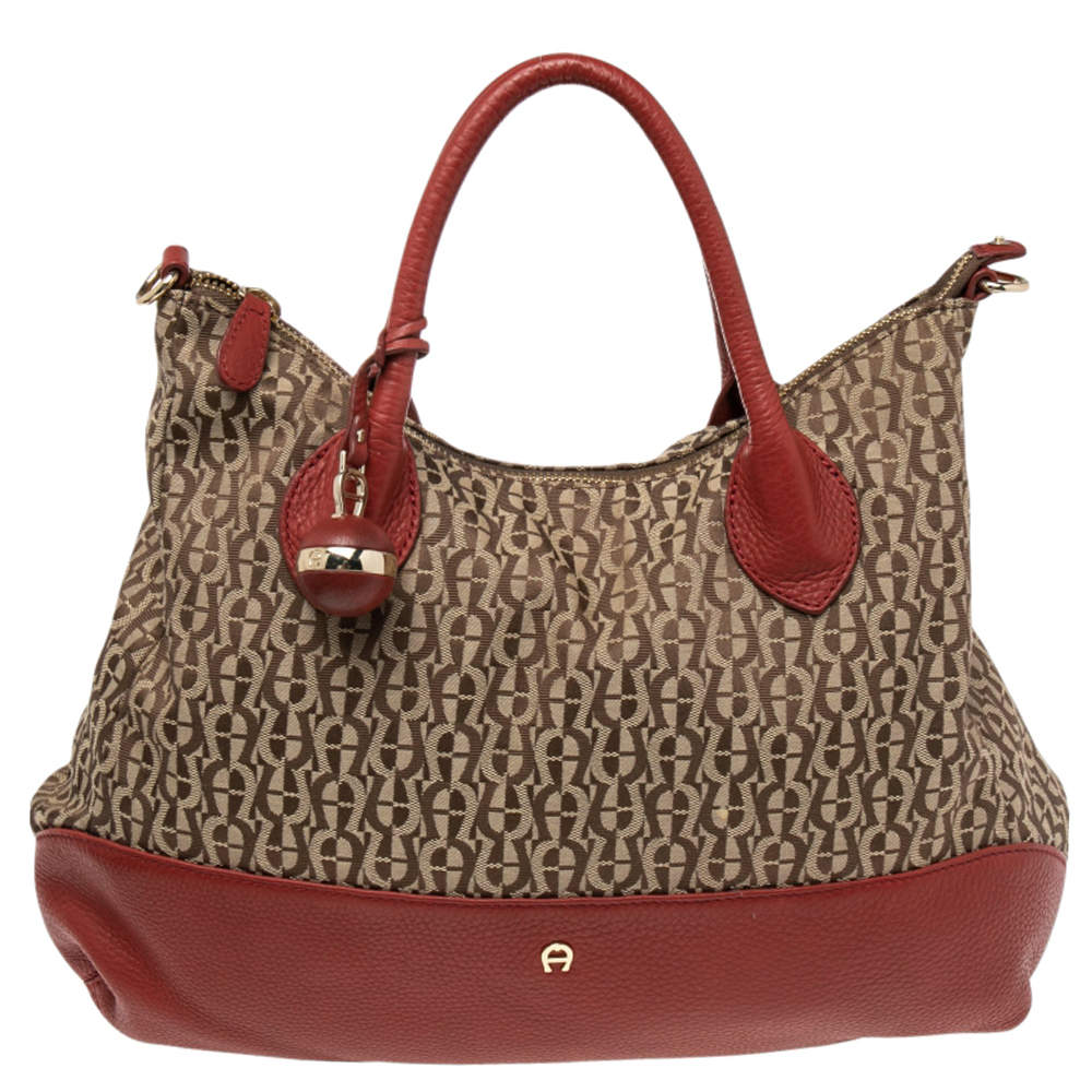 Pre Owned Aigner Beige/Red Signature Canvas and Leather Top Zip Hobo