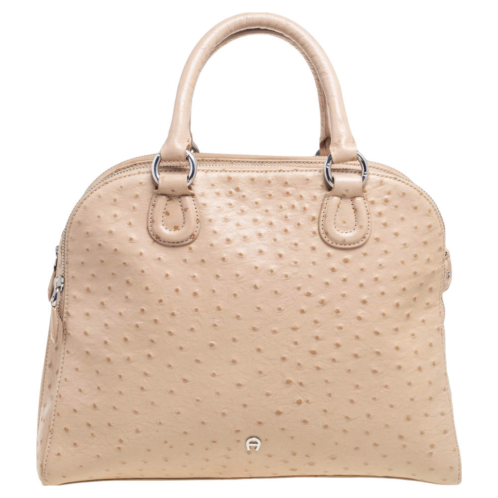 Pre Owned Aigner Beige Ostrich Embossed Leather Double Zip Satchel