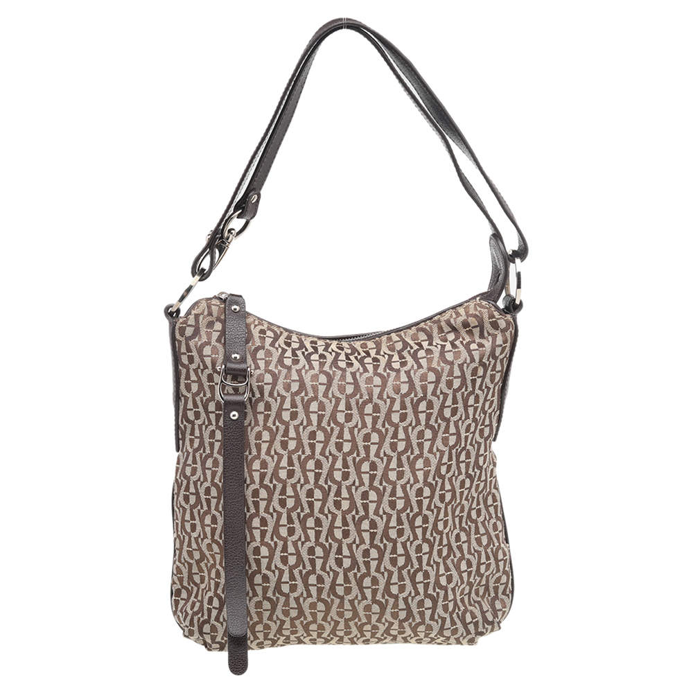 Pre Owned Aigner Beige-Brown Signature Canvas And Leather Hobo