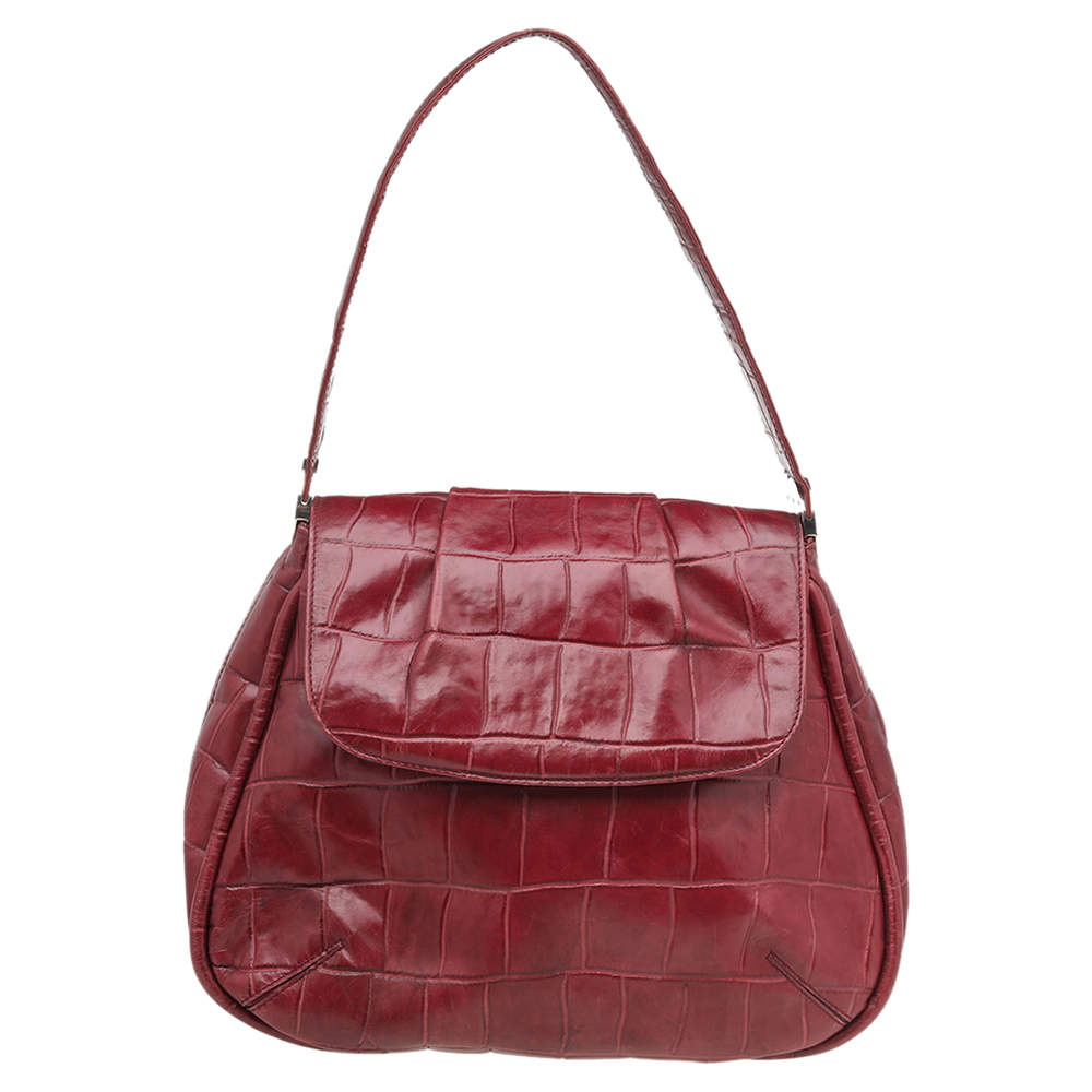 Pre Owned Aigner Burgundy Croc Embossed Leather Flap Shoulder Bag