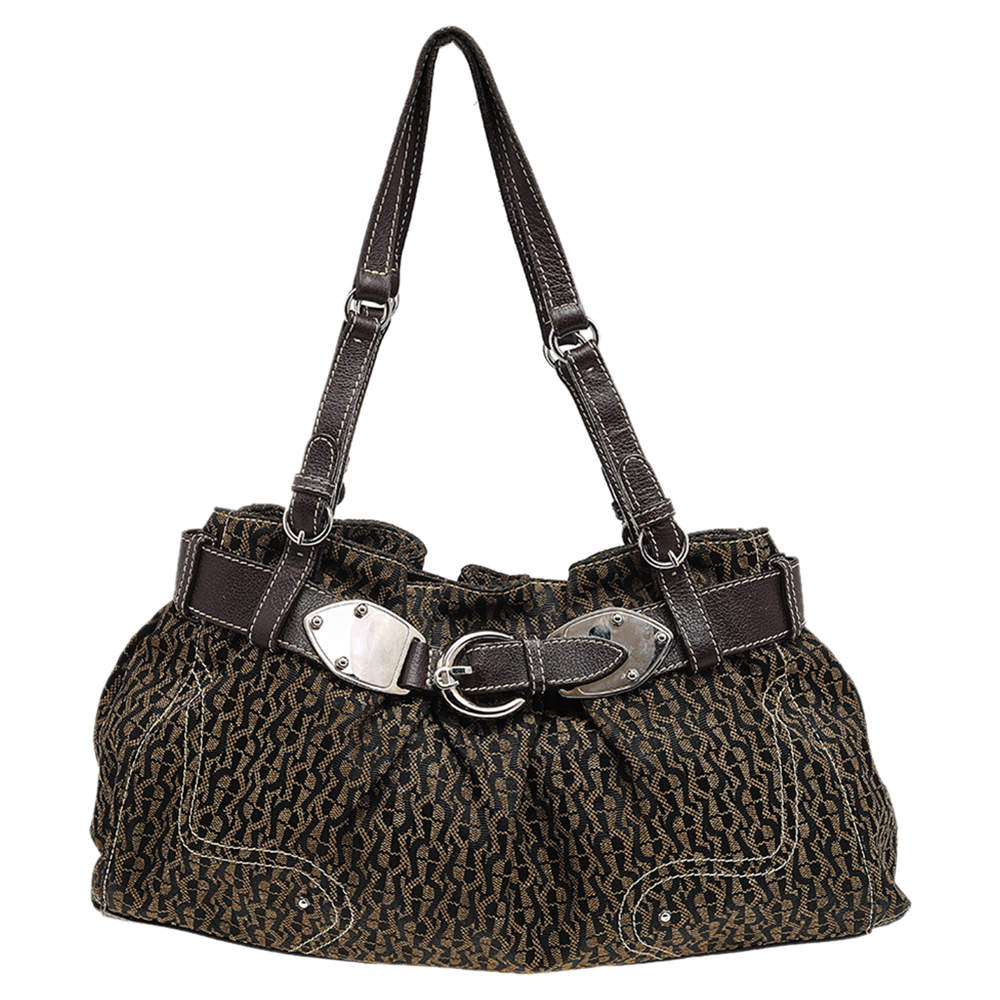 Pre Owned Aigner Dark Brown Signature Canvas and Leather Buckle Shoulder Bag