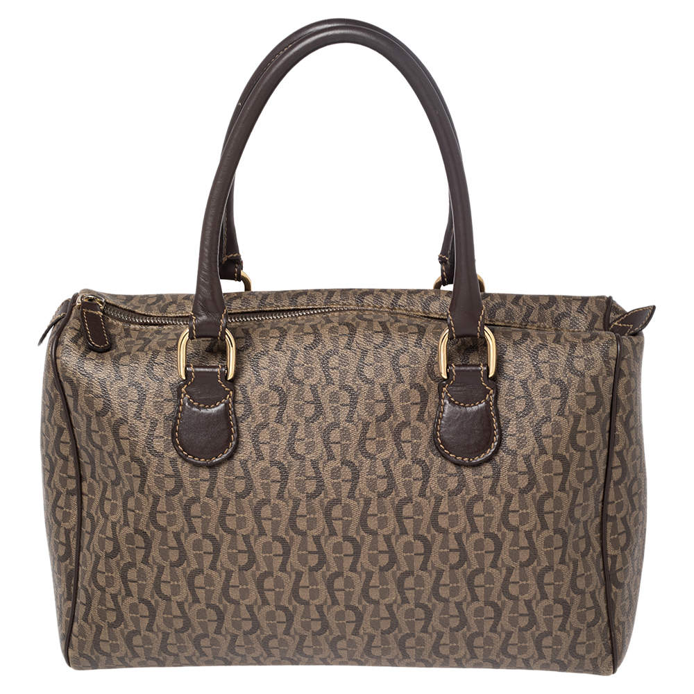 Pre Owned Aigner Brown Signature Canvas and Leather Satchel