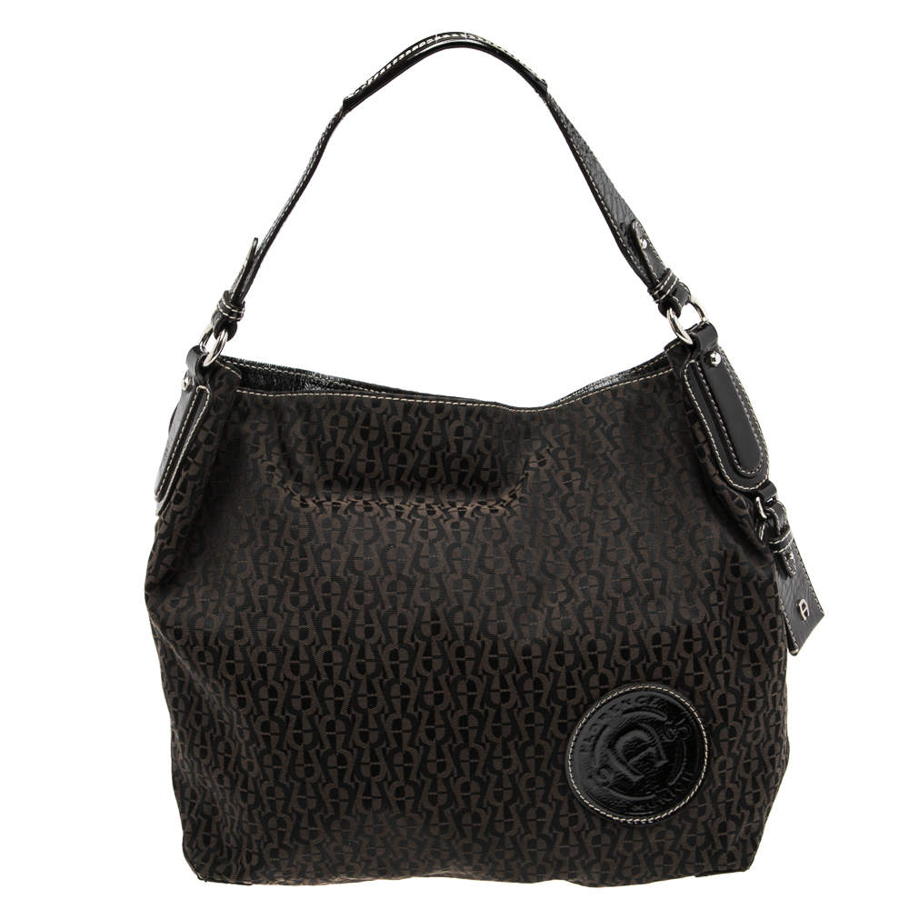 Pre Owned Aigner Brown Signature Canvas and Patent Leather 1965 Logo Hobo