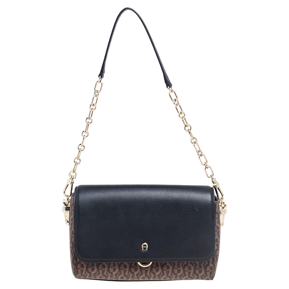 Pre Owned حقيبة كتف أيغنر غرازيا جلد وكانفاس مقوى مميز بني/ أسود