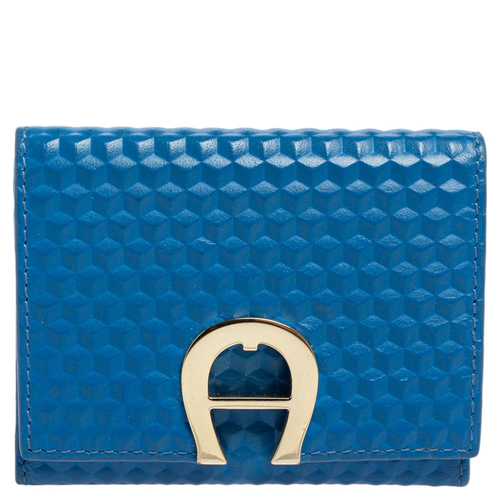 Pre Owned Aigner Blue Embossed Leather Geneva Compact Wallet