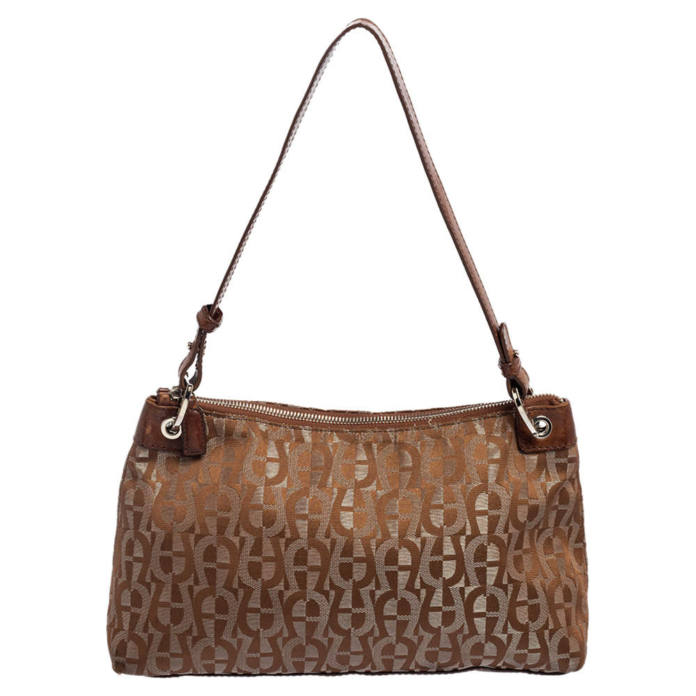 Pre Owned Aigner Monogram Silver/Brown Signature Fabric and Leather Shoulder Bag