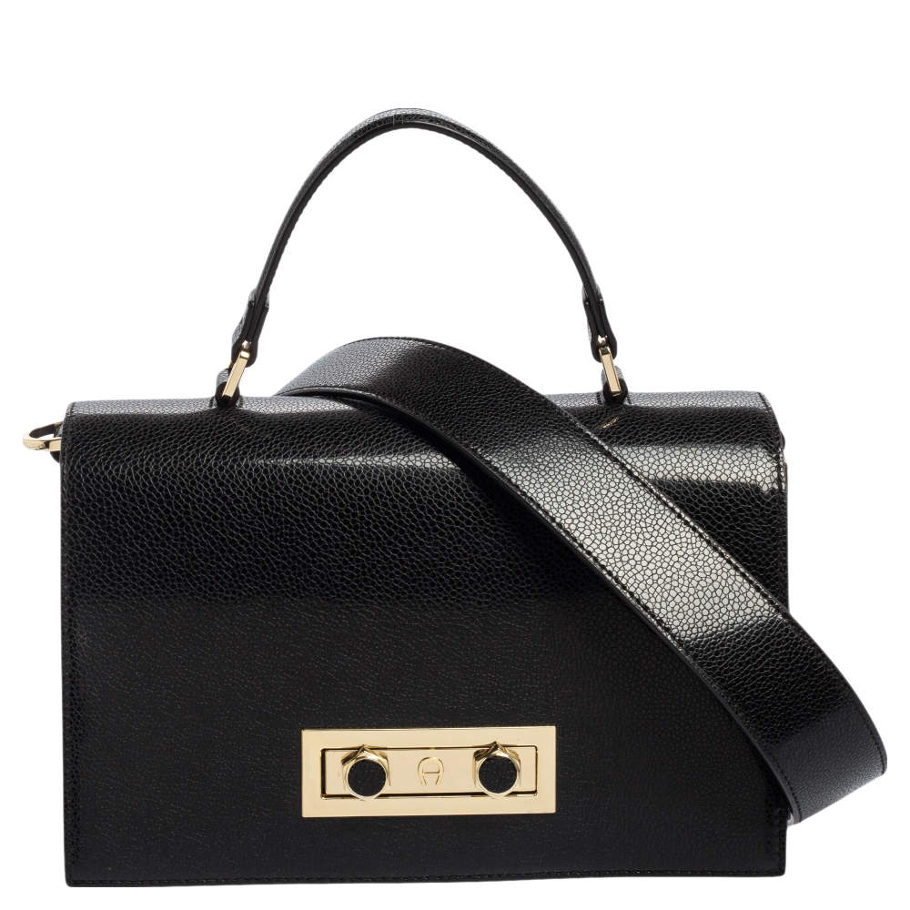 Pre Owned Aigner Black Glossy Leather Siena Top Handle Bag