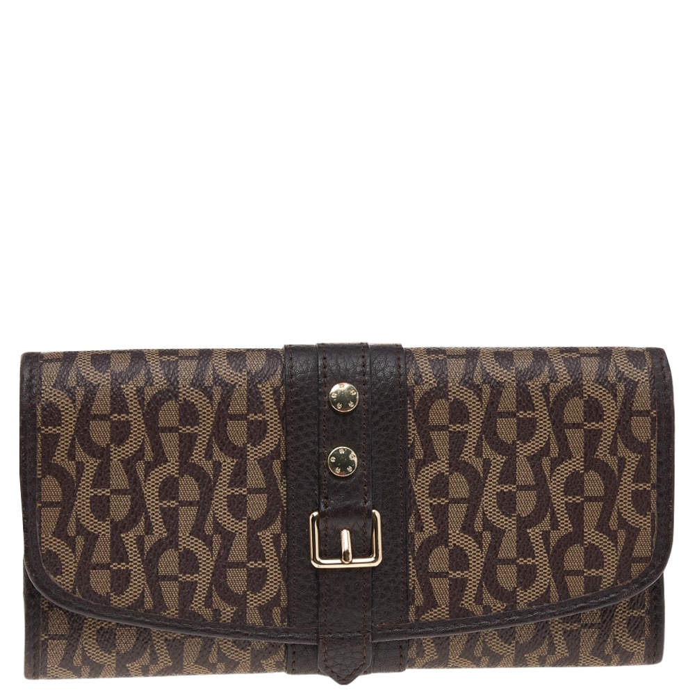Pre Owned Aigner Brown Signature Coated Canvas and Leather Continental Flap Wallet