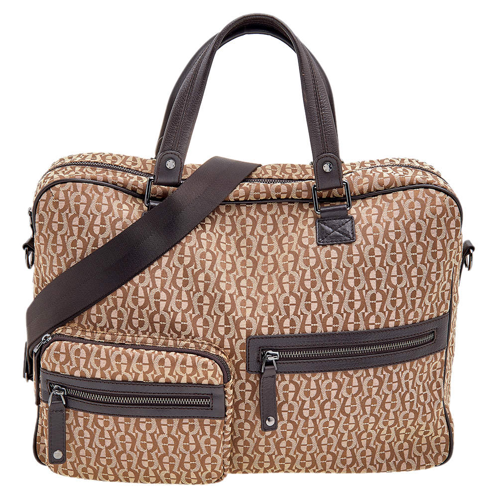 Pre Owned Aigner Dark Brown/Beige Signature Canvas And Leather Laptop Bag