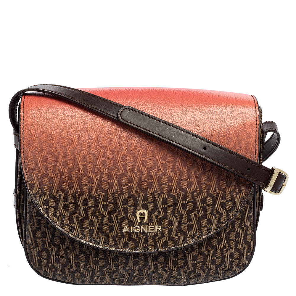 Pre Owned Aigner Brown/Pink Ombre Signature Coated Canvas Flap Crossbody Bag