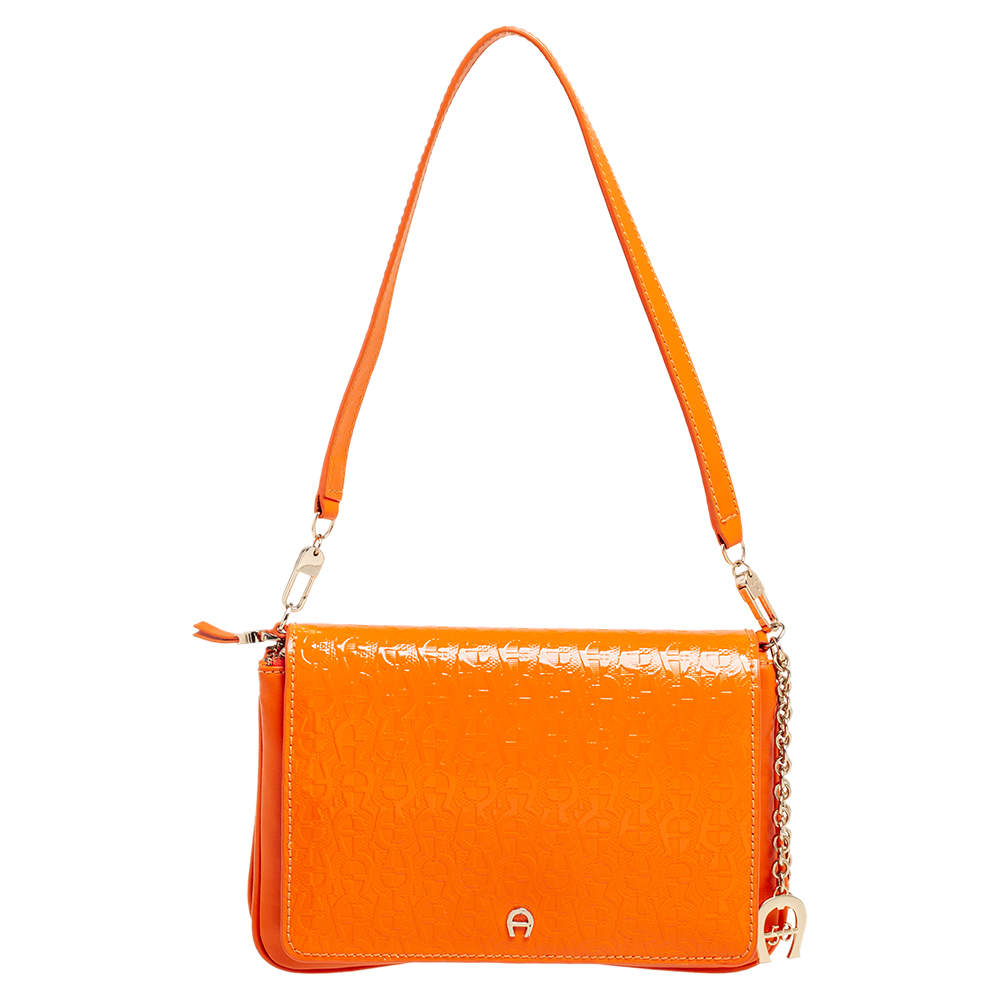Aigner Tangerine Signature Embossed Patent and Leather Charm Shoulder Bag