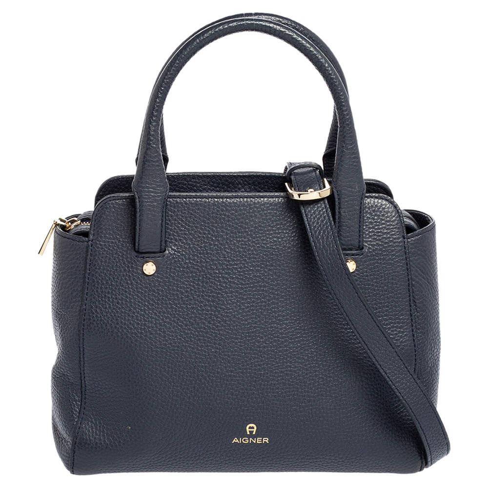 Pre Owned Aigner Navy Blue Leather Satchel