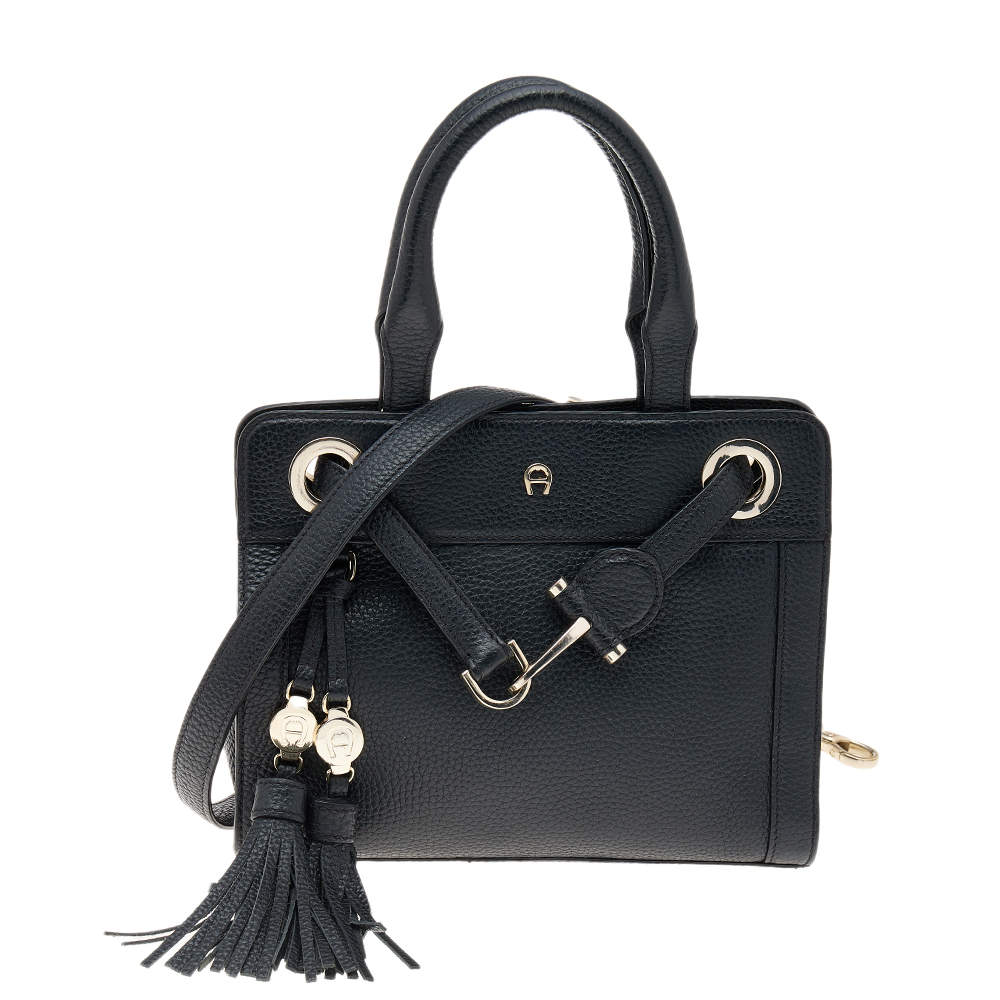 Pre Owned Aigner Black Leather Cavallina Tote